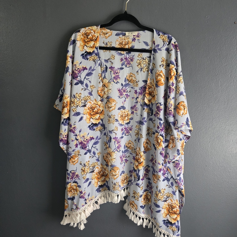 Umgee Floral Kimono Cardigan Boho Cottagecore with Fringe Tassels S/M